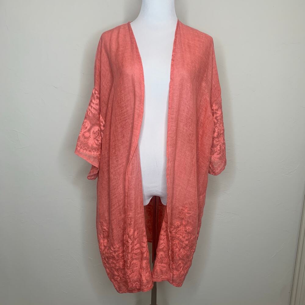 NWT Coral Coverup Boho Kimono Jacket Embroidered Sz S M